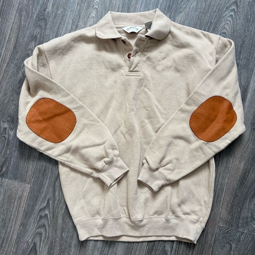 VTG Orvis cream quarter Henley with leather elbow patches